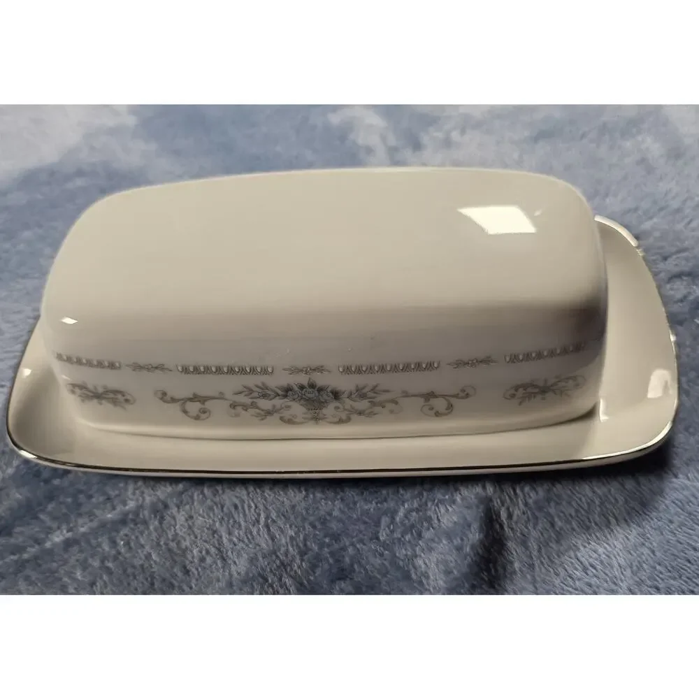 Vintage Diane Japan Fine Porcelain Covered Butter Dish Blue Floral Silver Trim